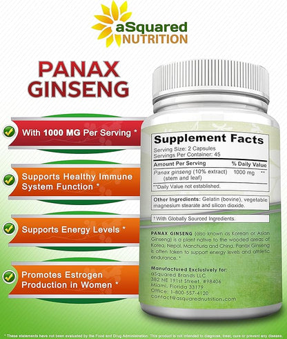 aSquared Nutrition Natural Korean Panax Ginseng (1000mg Max Strength)-90 Capsules