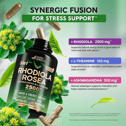 Rhodiola Rosea Supplement 2500mg 5:1 | 3% Salidroside 2 Month 60 Capsules