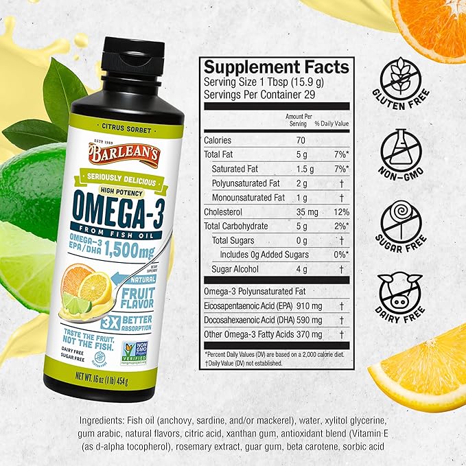 Barlean's Citrus Sorbet High Potency Omega 3 Fish 1500mg of 16 oz