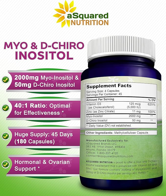 aSquared Nutrition Myo-Inositol & D-Chiro Inositol Supplement 180 Capsules D3 and 40 to 1 Ratio B8 Complex