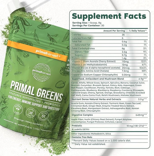 Primal Harvest Super Greens Powder, 30 Servings w/+50 Greens Superfood Chlorella, Probiotics, Green Tea, Wheatgrass, Kale, Turmeric for Energy,Primal Greens