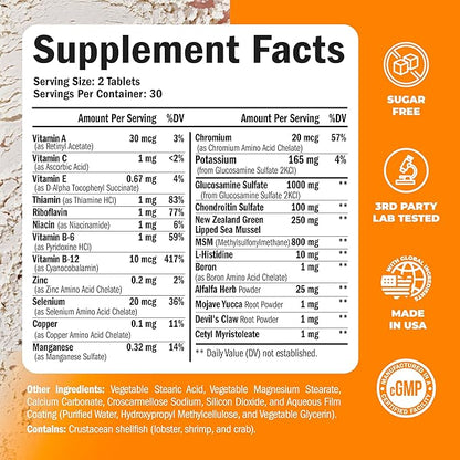 Glucosamine Chondroitin MSM Joint Support Supplement with Glucosamine Sulfate 1000 mg Plus 15 Nourishing Joint Vitamins - Joint Health Chondroitin Sulfate MSM Supplement for Women and Men - 60 Tablets