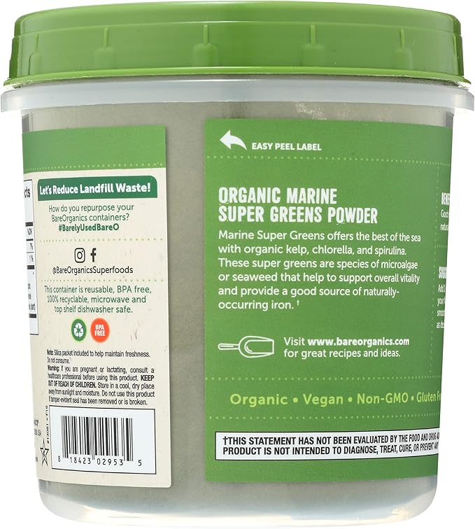 BareOrganics Marine Super Greens Powder | USDA Organic, Gluten-Free, Vegan, Non-GMO, BPA-Free | Kelp, Chlorella, Spirulina, 8oz