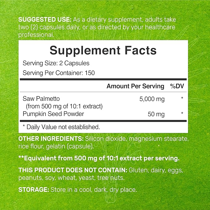 Saw Palmetto Supplement 5000 mg with Pumpkin Seed, 300 Capsules | Promotes Prostate Health | DHT Blocker | Hair Growth Vitamins, Maintain Normal Urinary Frequency