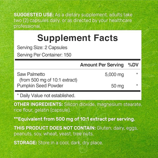 Saw Palmetto Supplement 5000 mg with Pumpkin Seed, 300 Capsules | Promotes Prostate Health | DHT Blocker | Hair Growth Vitamins, Maintain Normal Urinary Frequency