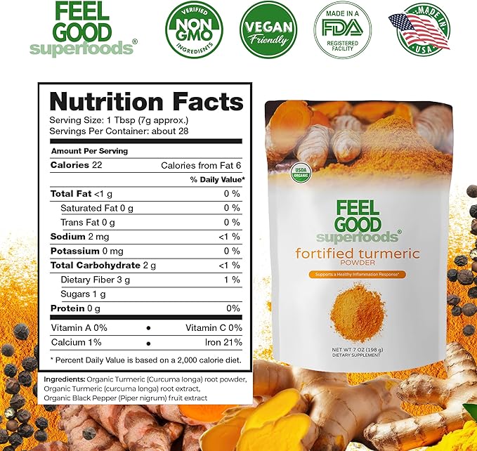 FeelGood Organic Superfoods Fortified Turmeric Powder 95% Curcuminoids, 7 oz