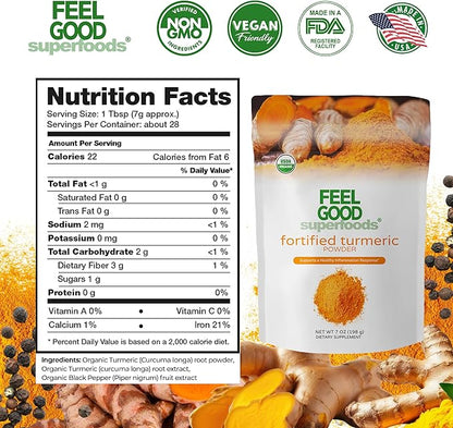 FeelGood Organic Superfoods Fortified Turmeric Powder 95% Curcuminoids, 7 oz