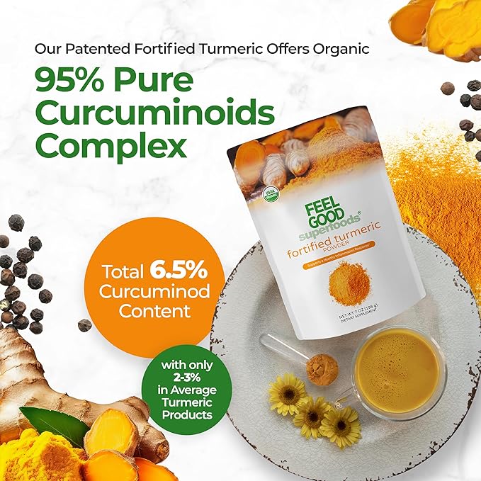 FeelGood Organic Superfoods Fortified Turmeric Powder 95% Curcuminoids, 7 oz