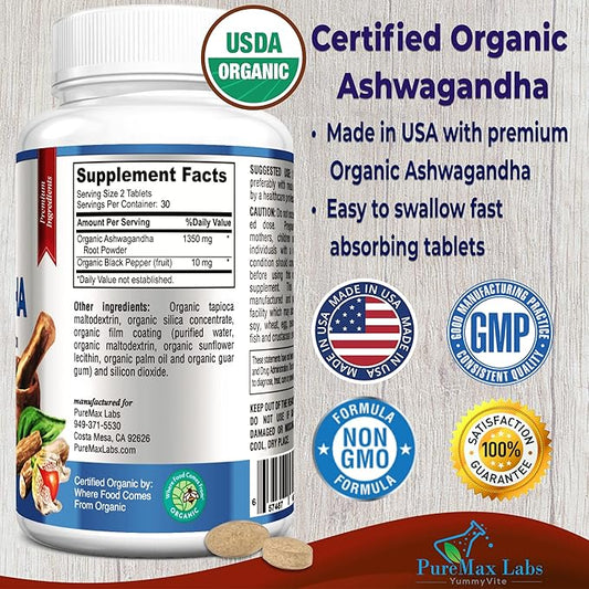 USDA Organic Ashwagandha 1350mg with 60 Tablets