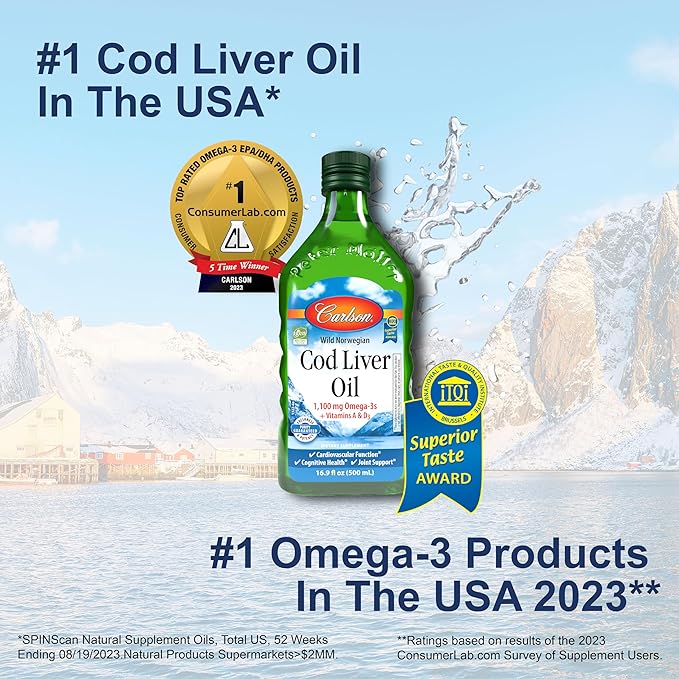 Carlson - Cod Liver Oil, 1100 Omega-3s, Wild-Caught 500 ml (16.9 Fl
