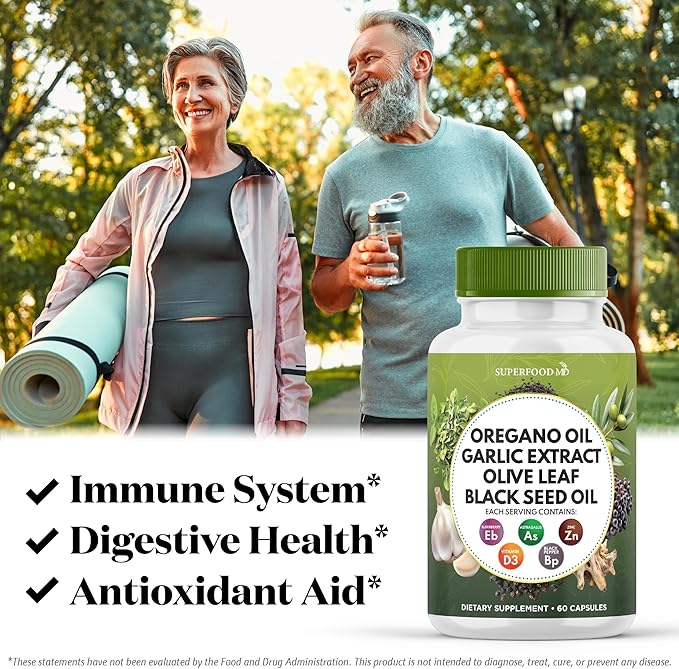 Oregano Oil 6000mg Garlic Extract 4000mg Olive Leaf 3000mg Black Seed Oil 3000mg Astragalus-Immune Support & Digestive Health Supplement for Women and Men- 180 Count