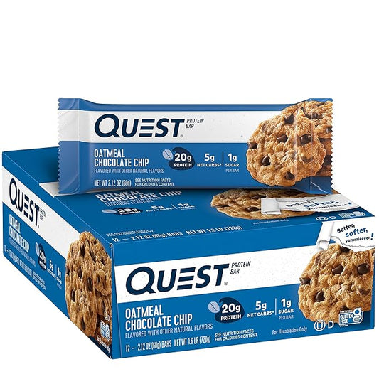 Quest Nutrition Oatmeal Chocolate Chip Protein Bars, 20g Protein, 1g Sugar, 5g Net Carb, Gluten Free, Keto Friendly, 12 Count