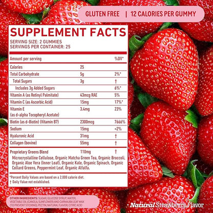 8Greens Supergreens Beauty Gummies with Collagen & Biotin | Super Greens Powder Superfood Gummy for Healthy Skin, Hair, Nails, Glow, and Firmness, Superfood Booster, Strawberry Flavored, 50 Count