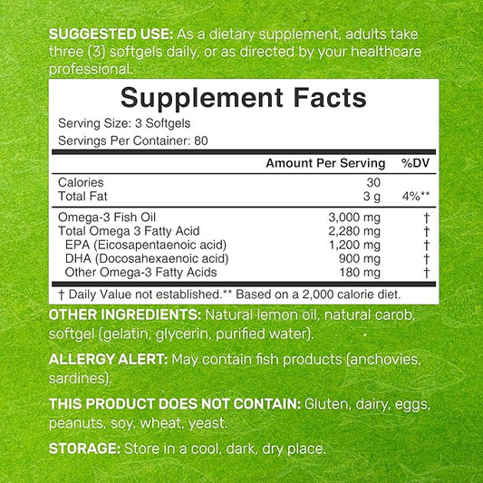 DEAL SUPPLEMENT Omega 3 Fish Oil 3,000mg Per 240 Softgels 1,200mg + 900mg –