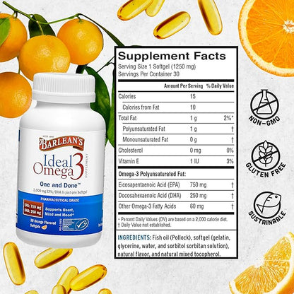 Barlean's Ideal Omega 3 Fish Oil 1,000 mg 30 ct