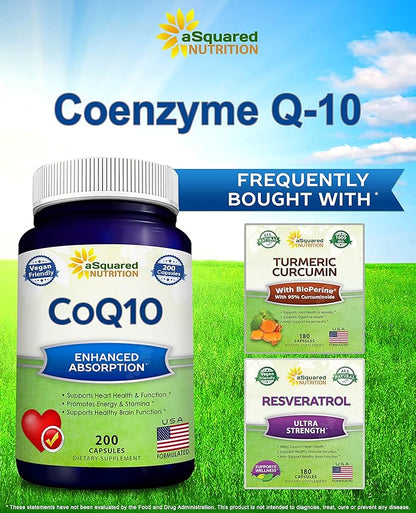 aSquared Nutrition CoQ10 (400mg Max Strength, 200 Capsules) Q10 Powder Q-10 Enzyme 10 400 400 mg