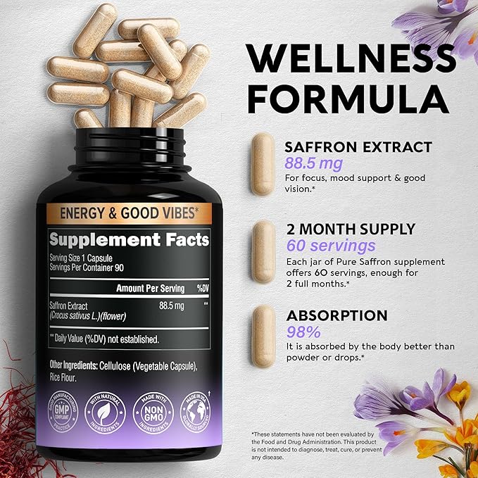 Natural Saffron Supplements 88.5 mg 90 Caps, 3 Month 2
