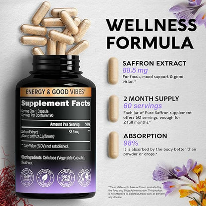 Natural Saffron Supplements 88.5 mg 90 Caps, 3 Month 2