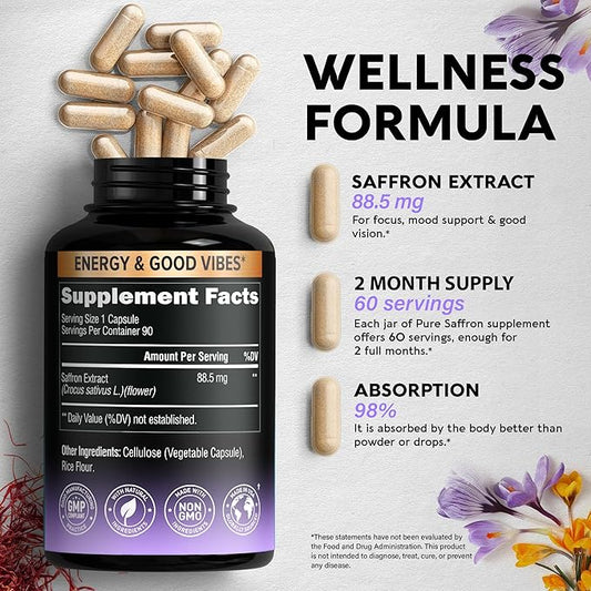 Natural Saffron Supplements 88.5 mg 90 Caps, 3 Month 2