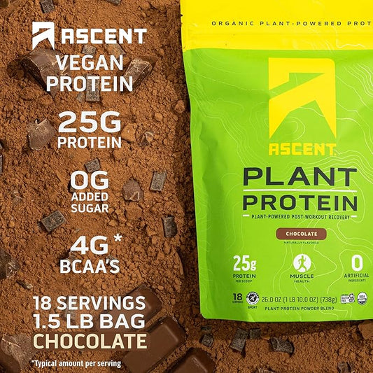 Ascent Plant Based Protein Powder 4g BCAA, 2g Leucine 18 Servings