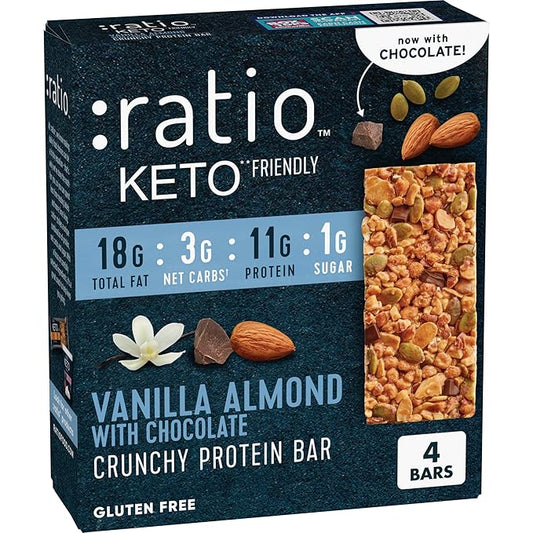Ratio Crunchy Protein Bar, Vanilla Almond With Chocolate, 11g Protein, Keto Friendly, 5.8 oz (4 Bars)