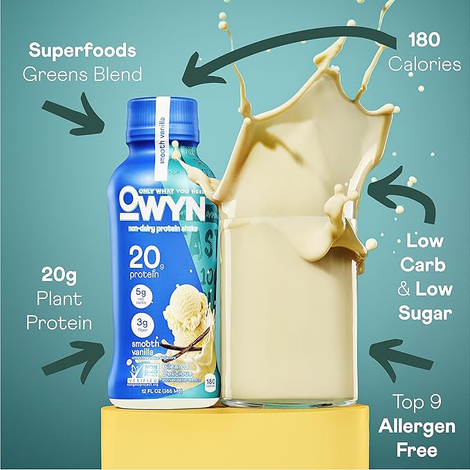 OWYN Only What You Need Plant Based Protein Shake, 20g Vegan Protein from Organic Pumpkin Seed, Flax, Pea Blend, Prebiotic Supplement, Superfood Greens, Gluten & Soy-Free (Vanilla, 24 Pack)