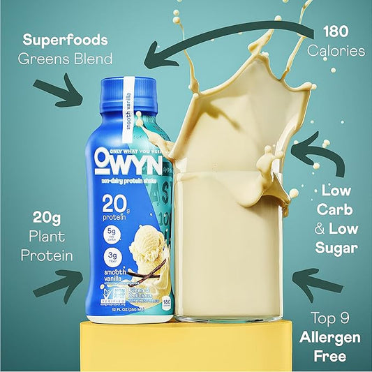 OWYN Only What You Need Plant Based Protein Shake, 20g Vegan Protein from Organic Pumpkin Seed, Flax, Pea Blend, Prebiotic Supplement, Superfood Greens, Gluten & Soy-Free (Vanilla, 24 Pack)