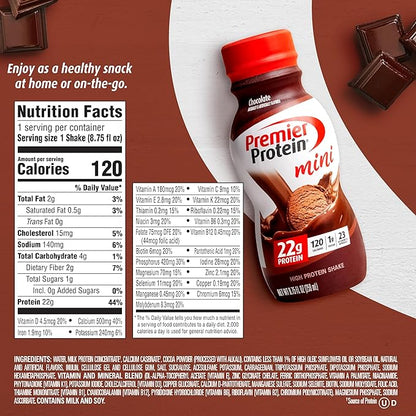 Premier Protein Shake MINIs, Chocolate, 22g 120 Calories, 1g Sugar, 8.75fl oz, 12