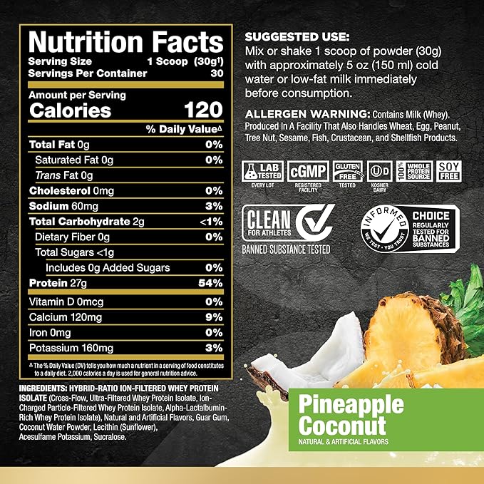ALLMAX ISOFLEX Whey Protein Isolate, Pineapple Coconut - 2 lb - 27 Grams of Protein Per Scoop - Zero Fat & Sugar - 99% Lactose Free - Gluten Free & Soy Free - Approx. 30 Servings