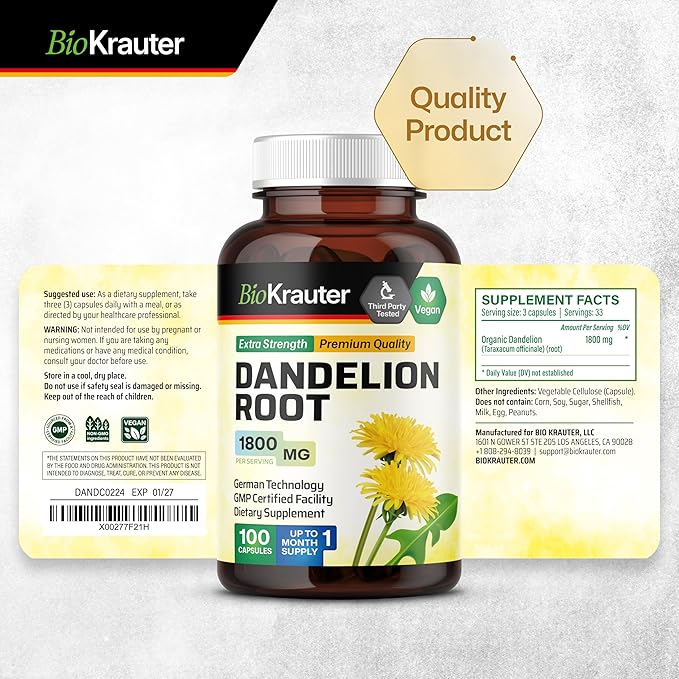 Dandelion Root Capsules 1800 mg 100 Caps