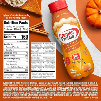 Premier Protein Shake Limited Edition 30g 1g Sugar 24 Vitamins Minerals Nutrients to Support Immune Health, Pumpkin Spice, 11.5 Fl Oz (Pack of 12)