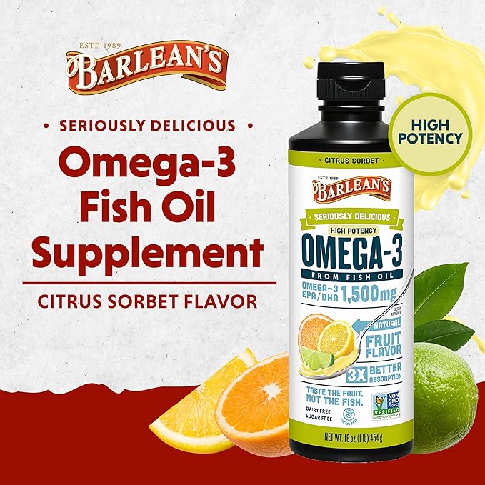 Barlean's Citrus Sorbet High Potency Omega 3 Fish 1500mg of 16 oz