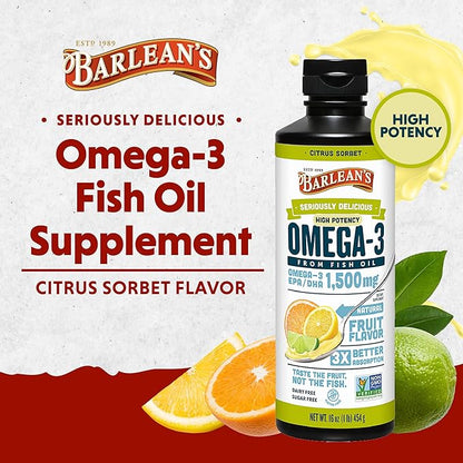 Barlean's Citrus Sorbet High Potency Omega 3 Fish 1500mg of 16 oz
