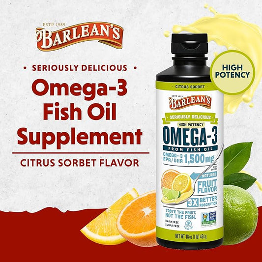 Barlean's Citrus Sorbet High Potency Omega 3 Fish 1500mg of 16 oz