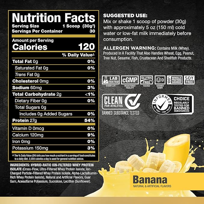 ALLMAX ISOFLEX Whey Protein Isolate, Banana - 2 lb - 27 Grams of Protein Per Scoop - Zero Fat & Sugar - 99% Lactose Free - Gluten Free & Soy Free - Approx. 30 Servings