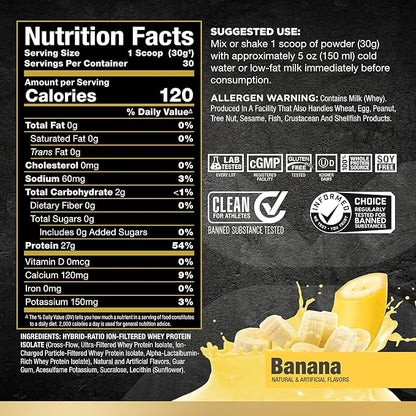 ALLMAX ISOFLEX Whey Protein Isolate, Banana - 2 lb - 27 Grams of Protein Per Scoop - Zero Fat & Sugar - 99% Lactose Free - Gluten Free & Soy Free - Approx. 30 Servings