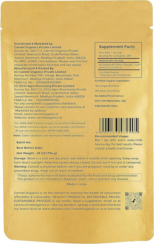 CARMEL ORGANICS Organic Ashwagandha Root Powder (28 Oz 794g/1.75 Lbs)