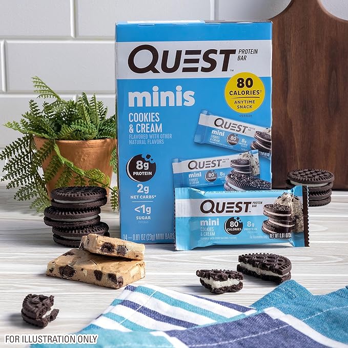 Quest Nutrition Mini Cookies & Cream Protein Bars, 8g Protein, 1g Sugar, 2g Net Carbs, Gluten Free, 14 Count