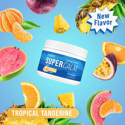 Nello Supercalm Powdered Drink Mix, Tropical Tangerine, L Theanine, Ksm-66 Ashwagandha, Magnesium Glycinate, Vitamin D 3, Supplements for Relaxation & Focus, Natural, No Sugar, Non GMO, Vegan, 30 Srvg