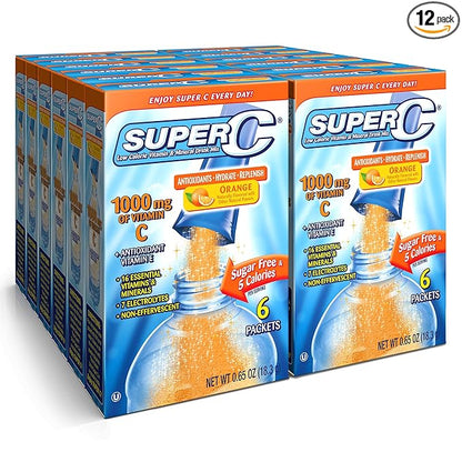 Super C Vitamin & Mineral Drink Mix, Orange, 6 CT Singles To Go, Pack Of 12 (72 Total Packets)