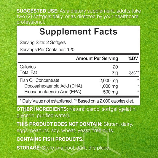 DHA Supplements | 240 Softgels, Burpless, 1000mg + 500mg, Wild