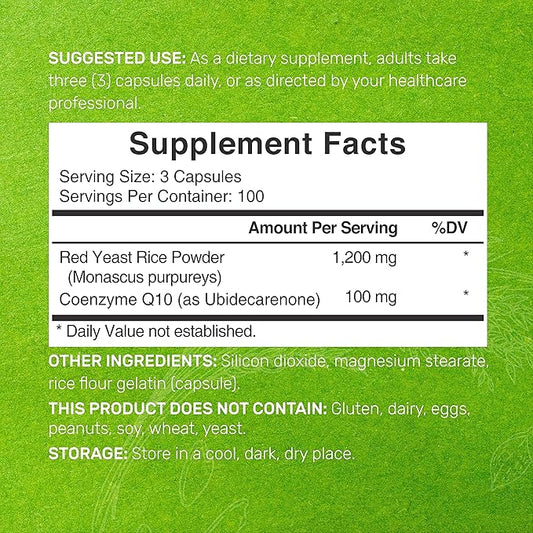 Deal Supplement Red Yeast Rice 1,200mg Per Serving with CoQ10, 300 Capsules - Antioxidant Support - Pure Monascus Purpureus Powder Source - Citrinin Free, Non-GMO
