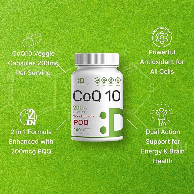 DEAL SUPPLEMENT CoQ10 200mg & PQQ 200mcg, 240 240 Veggie 2 in 1 Coenzyme Q10 Supplement