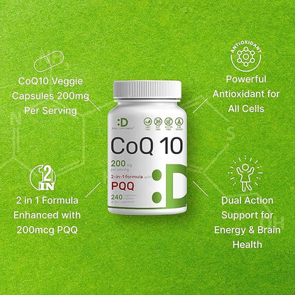 DEAL SUPPLEMENT CoQ10 200mg & PQQ 200mcg, 240 Veggie Capsules – 2 in 1 Coenzyme Q10 Supplement for Better Absorption – Antioxidant Support for Energy, Brain, & Heart Health – Non-GMO