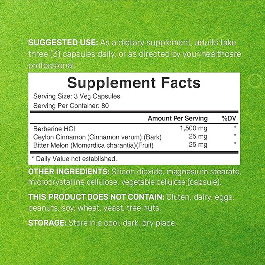 Berberine Supplement 500mg Per Capsule (1500mg 240 Veggie 97% Berberine