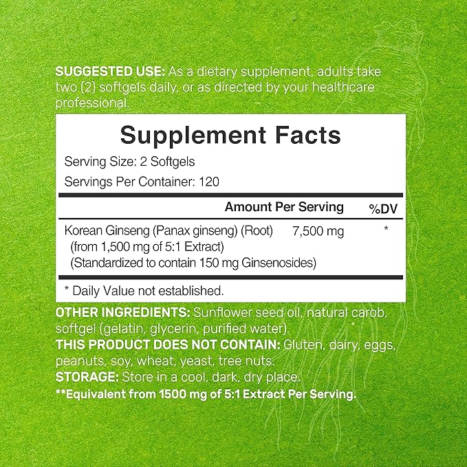 Korean Red Panax Ginseng Root Extract, 7,500mg Serving, 240 Softgels 150mg Active