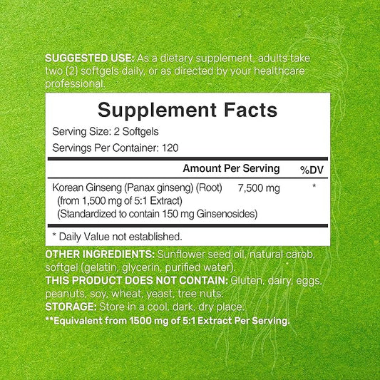 Korean Red Panax Ginseng Root Extract, 7,500mg Serving, 240 Softgels 150mg Active