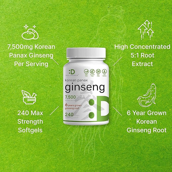 Korean Red Panax Ginseng Root Extract, 7,500mg Serving, 240 Softgels 150mg Active